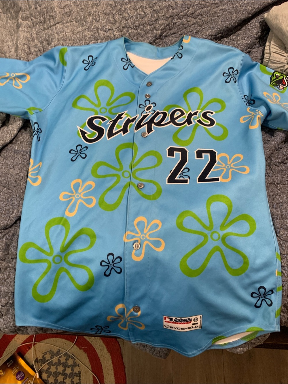 Game Worn Gwinnett Stripers Light Blue SpongeBob Floral Baseball Jersey - 22